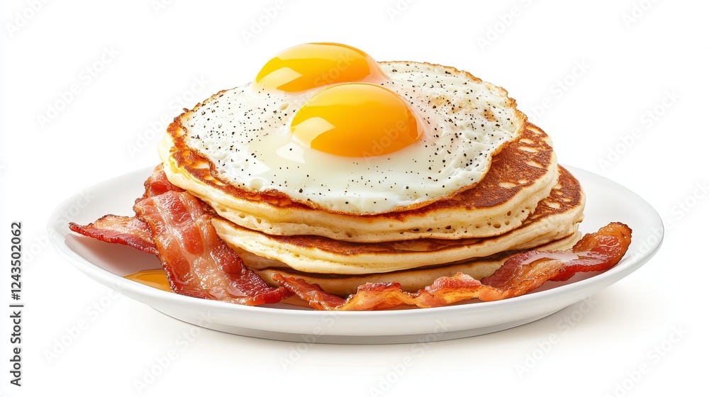 Golden Pancakes Topped with Sunny Side Up Eggs and Crispy Bacon Golden Pancakes Topped with Sunny Side Up Eggs and Crispy Bacon