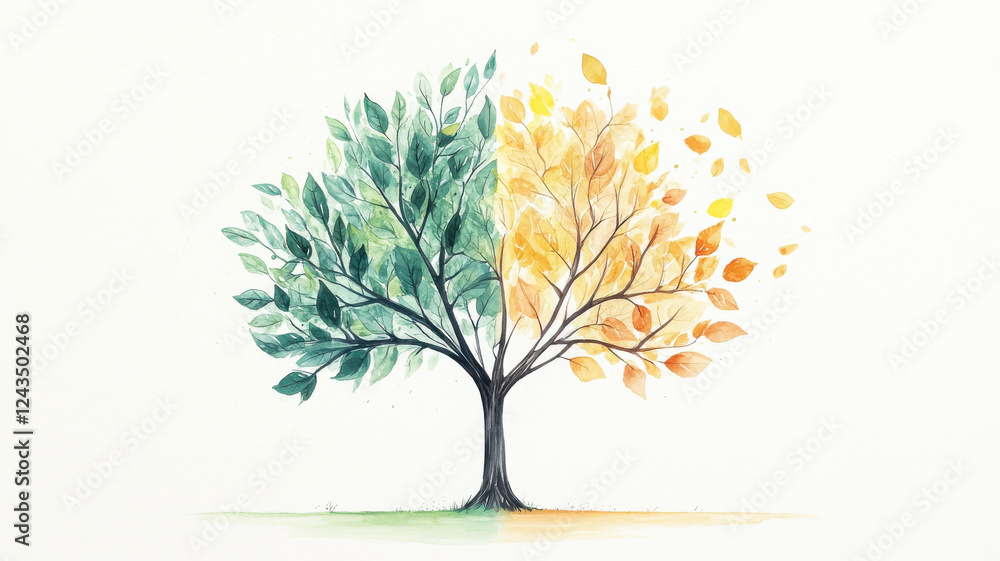 beautiful artistic representation of tree showcasing vibrant green and yellow leaves, symbolizing transition of seasons beautiful artistic representation of tree showcasing vibrant green and yellow leaves, symbolizing transition of seasons