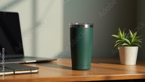 deep green stainless steel tumbler sits prominently on a polished wooden office desk, exuding a modern, industrial charm