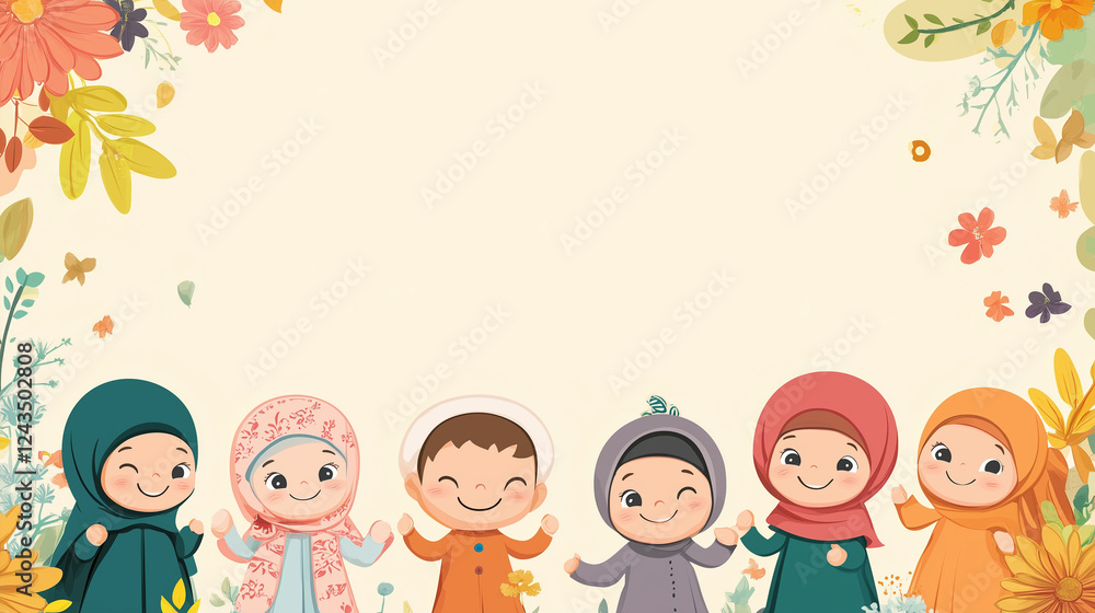 Islamic cartoon themed background, for kids, with cheerful design, fun layout, Including space for kids. Ai generated images. Islamic cartoon themed background, for kids, with cheerful design, fun layout, Including space for kids. Ai generated images.