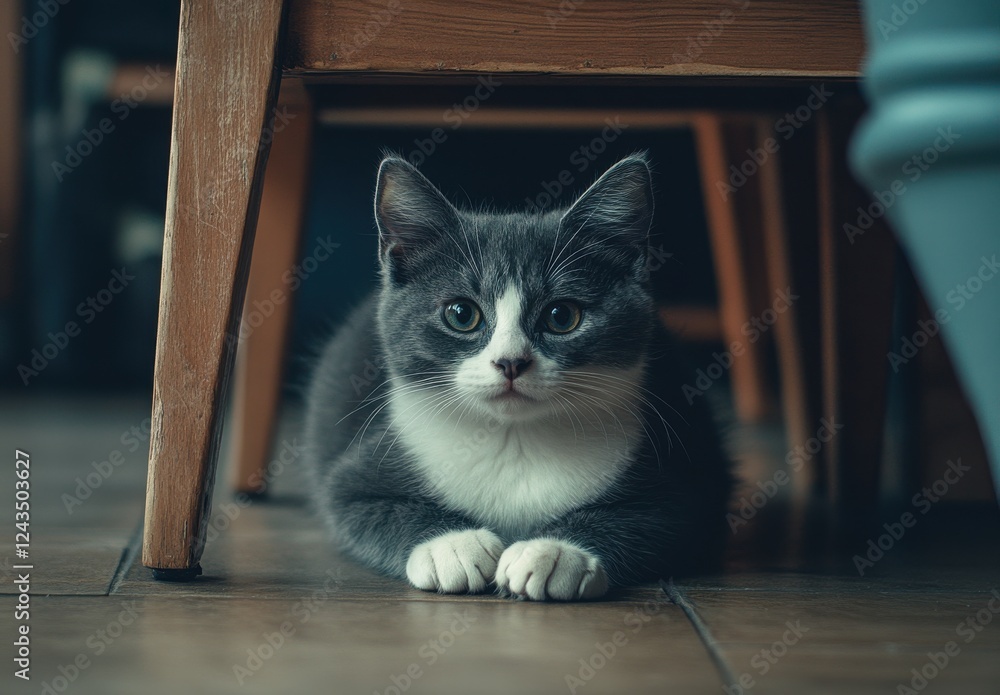 Naklejka premium Adorable Gray Cat with White Chest Resting Under Wooden Chair in Cozy Indoor Setting
