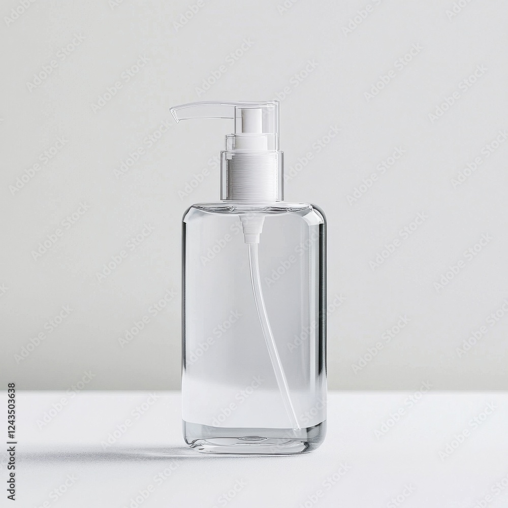 Clear bottle of hand sanitizer displayed against a minimalistic background for hygiene promotion in public spaces Clear bottle of hand sanitizer displayed against a minimalistic background for hygiene promotion in public spaces