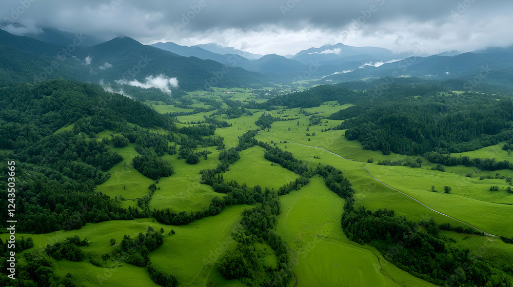 Obraz premium Aerial view of green valley, mountains, cloudy sky