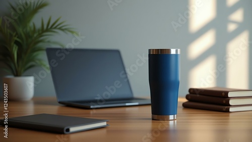 Wallpaper Mural cobalt blue stainless steel tumbler sits prominently on a polished wooden office desk, exuding a modern, industrial charm Torontodigital.ca