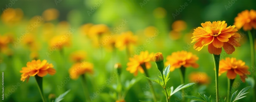 Colorful marigold blooms in a lush green meadow, plants, blooming Colorful marigold blooms in a lush green meadow, plants, blooming