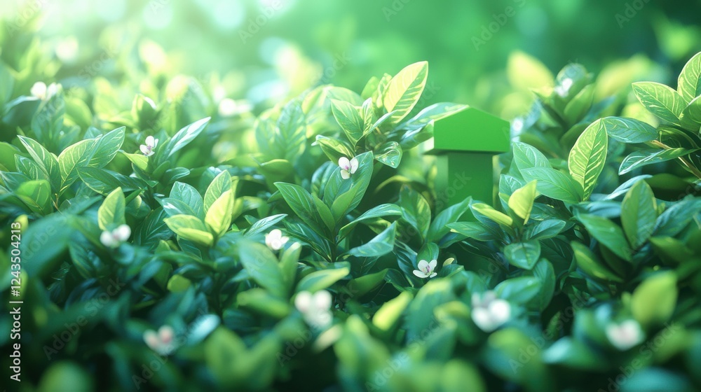 Obraz premium A 3D depiction of a green podium in a tropical forest, featuring a green wall backdrop. Perfect for eco-friendly product presentations or nature-based branding in a lush environment.