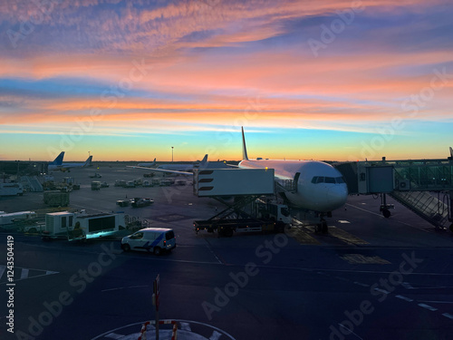 Airplane execute push back operation at airport. Aircraft service for flights before departure in the evening at sunset photo