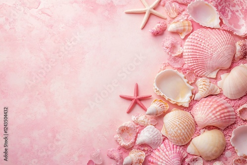 A collection of diverse seashells and starfish are artistically arranged on a soft pink background, creating a lively beach-themed display, perfect for summer decor. photo