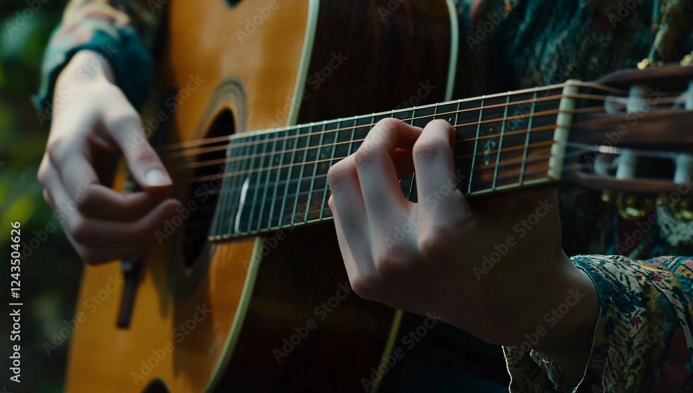 Obraz premium Strumming acoustic guitar in a serene outdoor setting during the golden hour