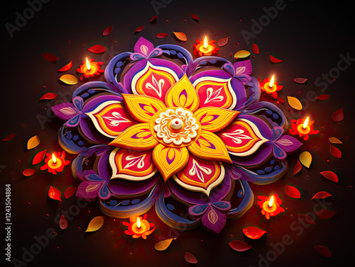 Intricate Mandala Design with Burning Candles and Petals for Diwali