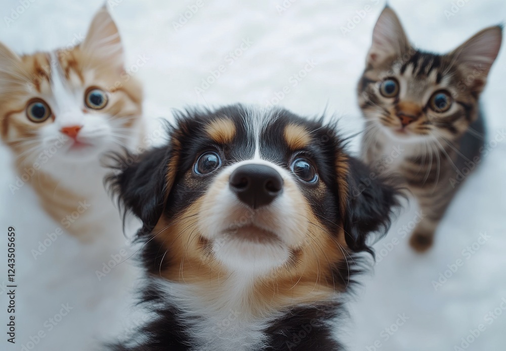 Adorable kitten and puppy duo with curious expressions in soft snow background, perfect for showcasing pet companionship and winter joy Adorable kitten and puppy duo with curious expressions in soft snow background, perfect for showcasing pet companionship and winter joy