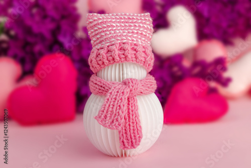 Cute greeting card for Valentine's or Mothers Day. Snowman with handmade hearts and lilac flowers