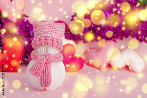 Cute greeting card for Valentine's or Mothers Day. Snowman with handmade hearts and lilac flowers