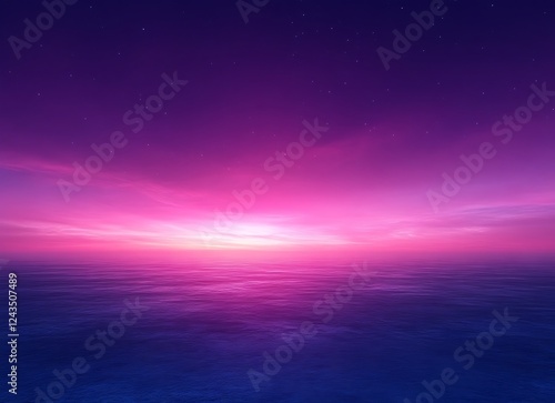 Vibrant pink and purple sunset over calm ocean.