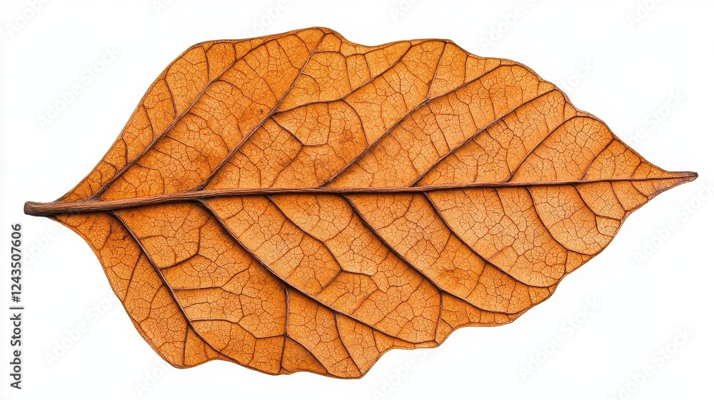 Fototapeta premium Detailed Dried Leaf Close Up, Brown and Orange Hues Against White Background