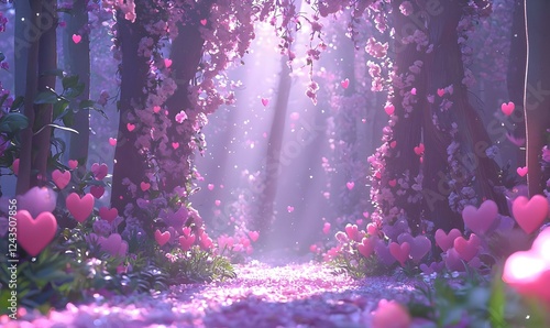 Ethereal Pathway Through Blooming Flowers and Floating Hearts