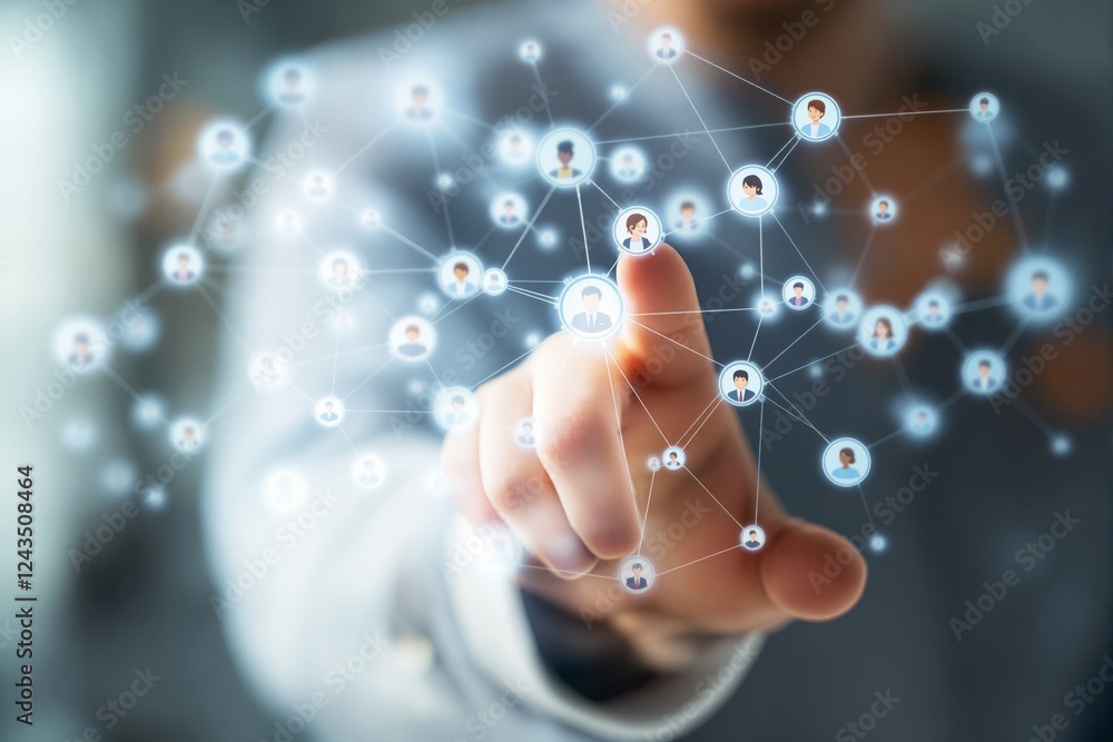 Businessman's hand touching virtual network of people connections on light background. Businessman's hand touching virtual network of people connections on light background.