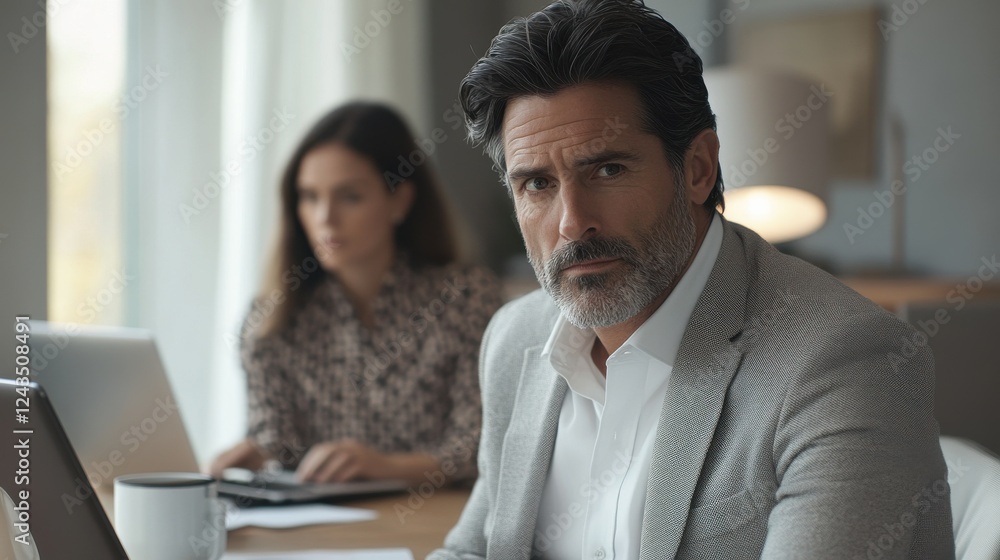 Focused man in a modern workspace while a woman engages in her tasks nearby Focused man in a modern workspace while a woman engages in her tasks nearby