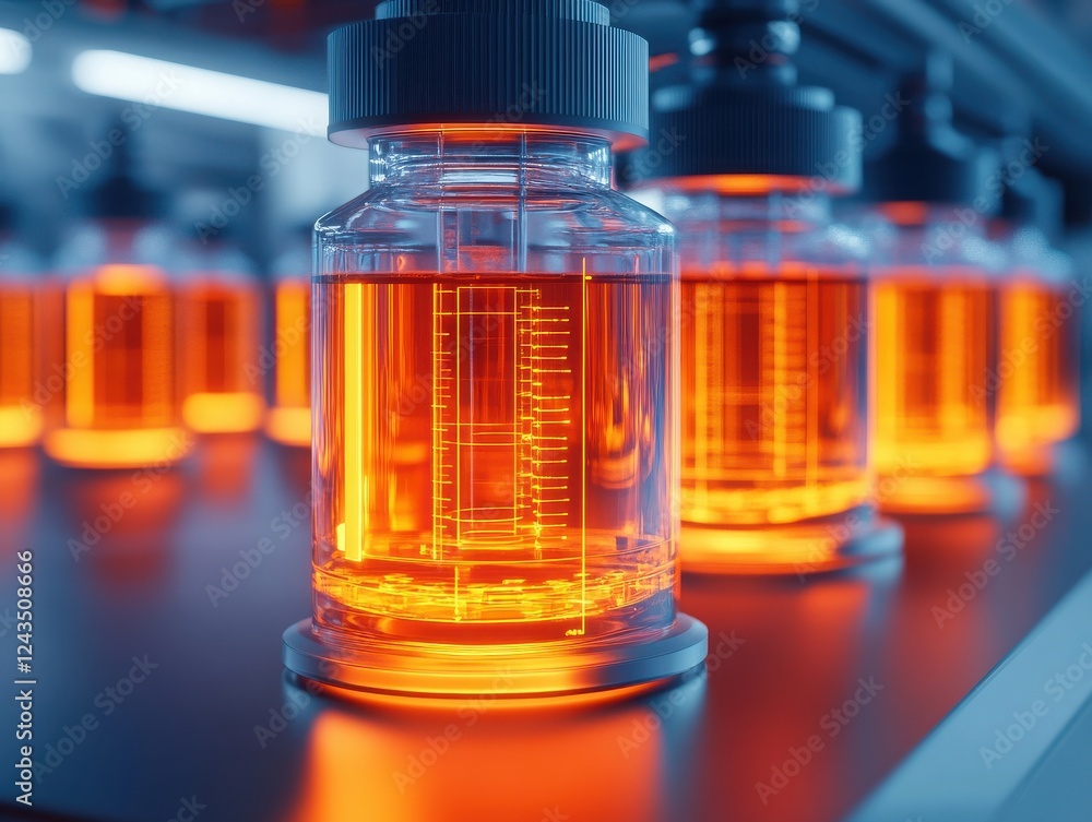 Close-up of transparent vials filled with vibrant orange liquid, showcasing intricate details in a modern laboratory setting. Close-up of transparent vials filled with vibrant orange liquid, showcasing intricate details in a modern laboratory setting.