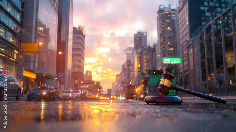 Fototapeta premium digital gavel rests on reflective surface in vibrant city street at sunset, symbolizing justice and law