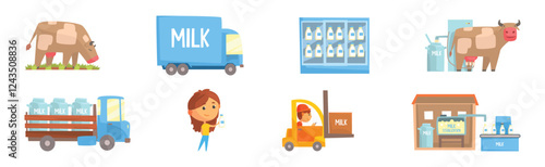 Milk Production Different Stage and Processing Vector Set
