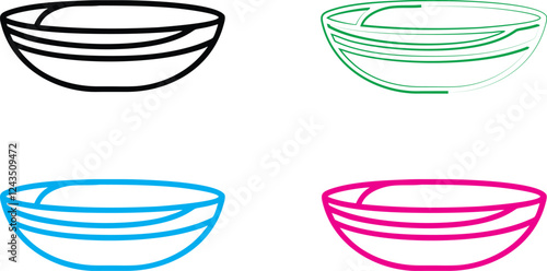 Minimalist bowl designs, abstract geometric shapes, colorful outlines, simple curved lines, modern kitchenware illustrations, stylized serving dishes, flat vector graphics, clean contours, contemporar