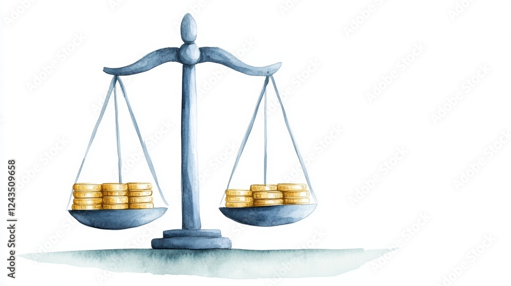 Golden coins balanced on scale, a visual representation of financial equilibrium and investment decisions Golden coins balanced on scale, a visual representation of financial equilibrium and investment decisions