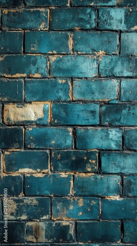 Distressed teal brick wall with subtle gold accents reflecting urban aesthetic and timeless charm photo