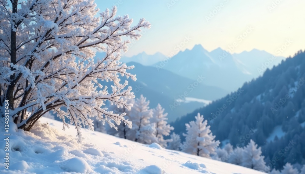 Frosty branches swaying gently in the winter breeze, serene landscape, snowfall, snow-covered peaks Frosty branches swaying gently in the winter breeze, serene landscape, snowfall, snow-covered peaks