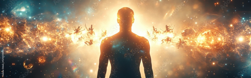 Fototapeta premium Man glowing with cosmic energy surrounded by celestial elements and vibrant colors during a cosmic event