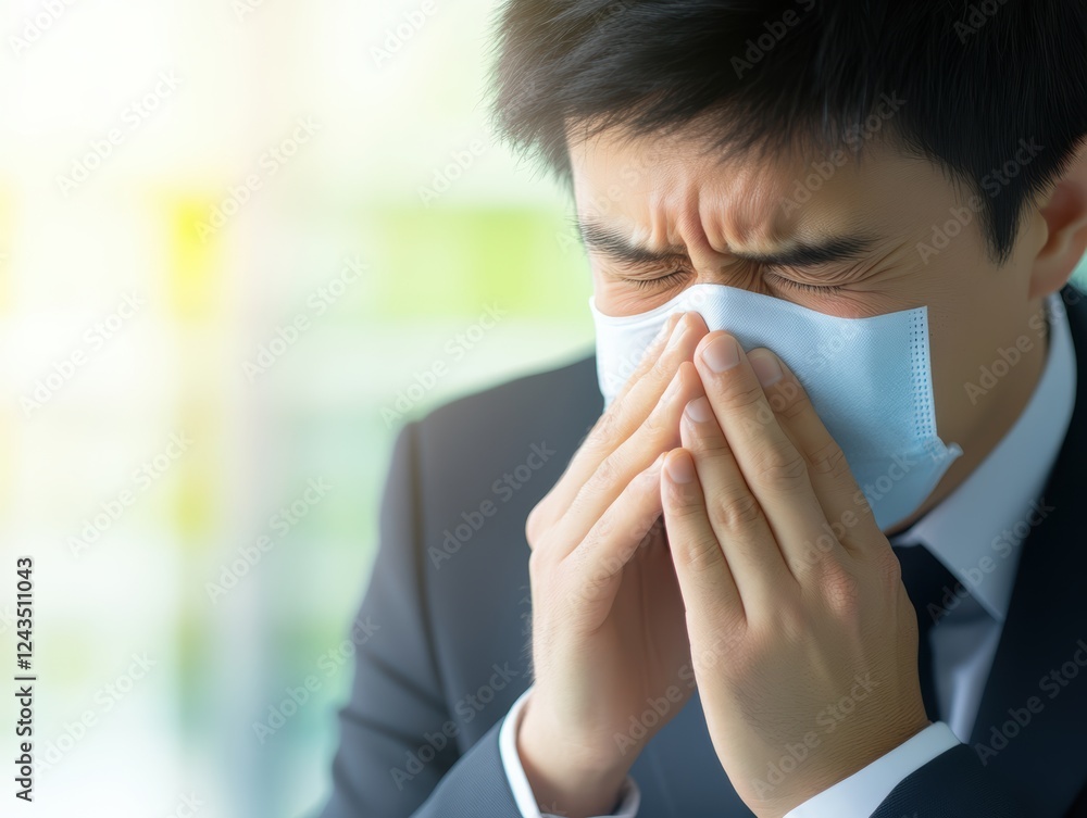 Man in suit and tie covering his nose, a sign of disgust or bad smell in professional setting Man in suit and tie covering his nose, a sign of disgust or bad smell in professional setting