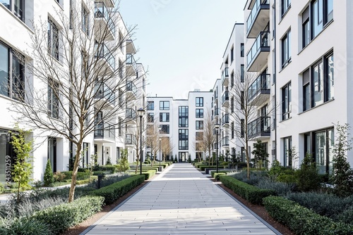 Modern residential apartment buildings with landscaped walkway between them. Bright daylight clear blue sky background. Urban living concept. photo