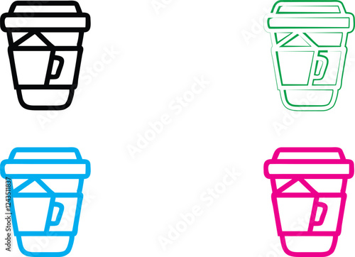 Minimalist coffee cup icons, colorful outlines, simple graphic design, vector illustration, stylized to-go cups, white background, black green blue pink color scheme, clean lines, modern aesthetic, fl