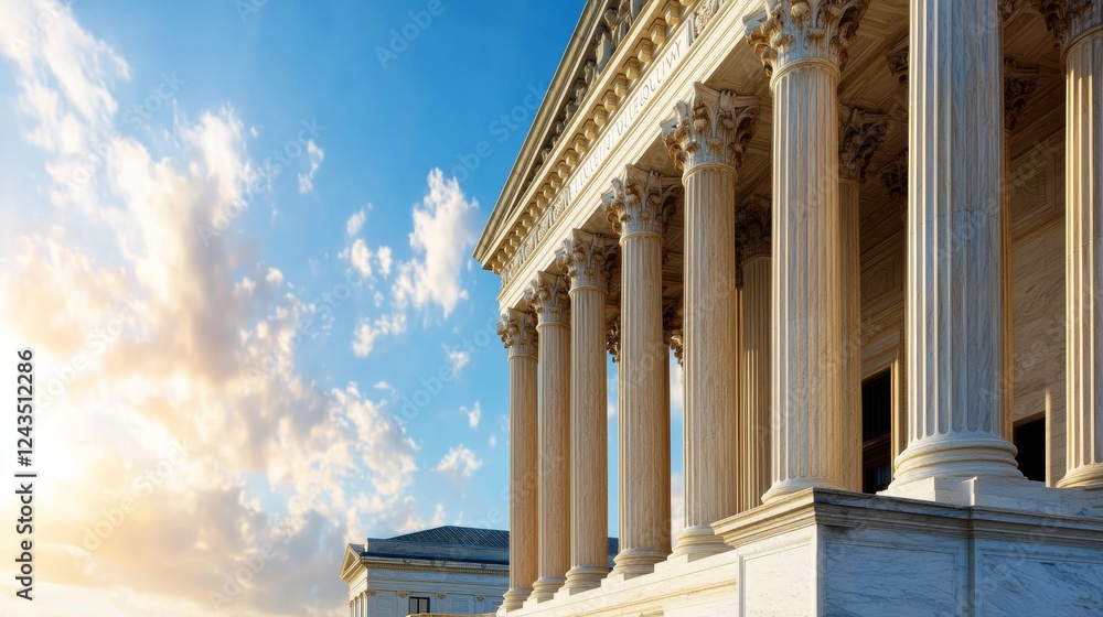Fototapeta premium The Imposing Structure of Justice: A Large White Building Symbolizing Law and Order with Iconic Judicial Gavel and Scales