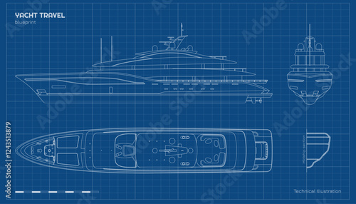 Outline yacht drawing. Side, front and top views of private ship. Luxury boat blueprint. Cruise motorboat industrial art. Line vessel