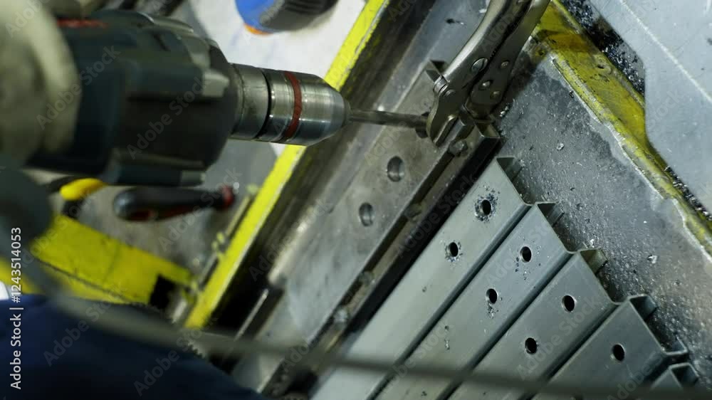 A close-up of metal drilling on a scial form that is held by clamps. Production of identical parts at the factory. High quality 4k footage A close-up of metal drilling on a scial form that is held by clamps. Production of identical parts at the factory. High quality 4k footage