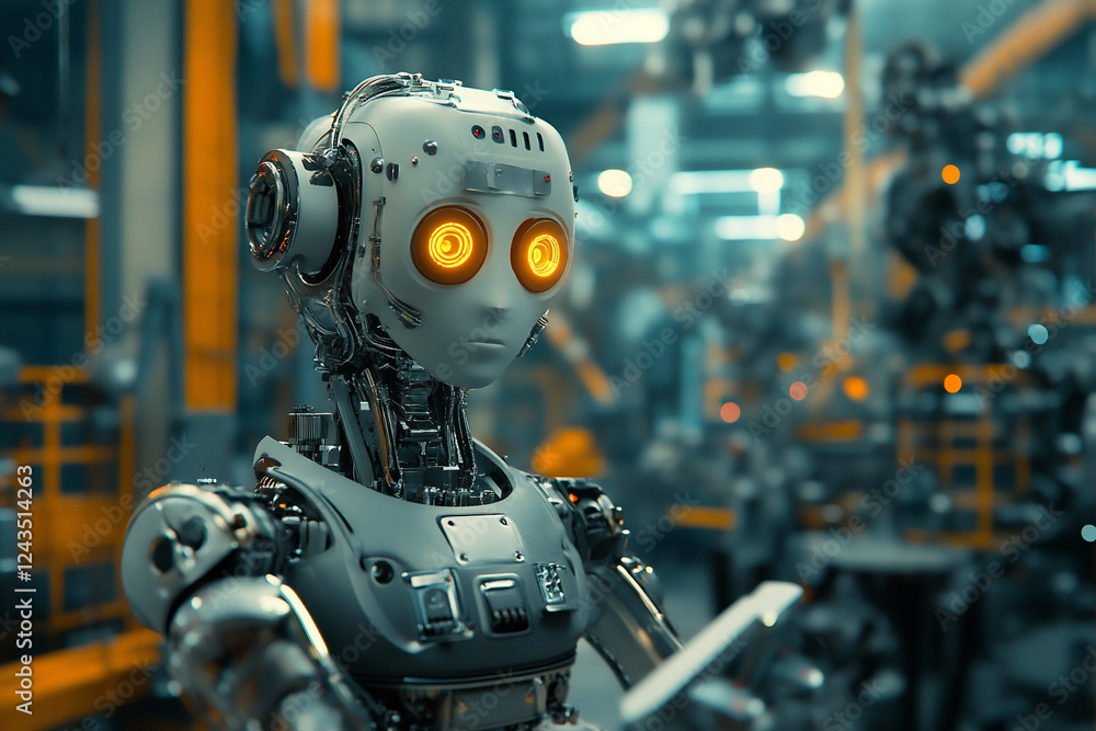 Robot Workforce Rising: AI in Industry. Depicting Job Displacement and Technological Advance. Science Fiction Stock Image for Future of Work Discussion. Generative AI Robot Workforce Rising: AI in Industry. Depicting Job Displacement and Technological Advance. Science Fiction Stock Image for Future of Work Discussion. Generative AI