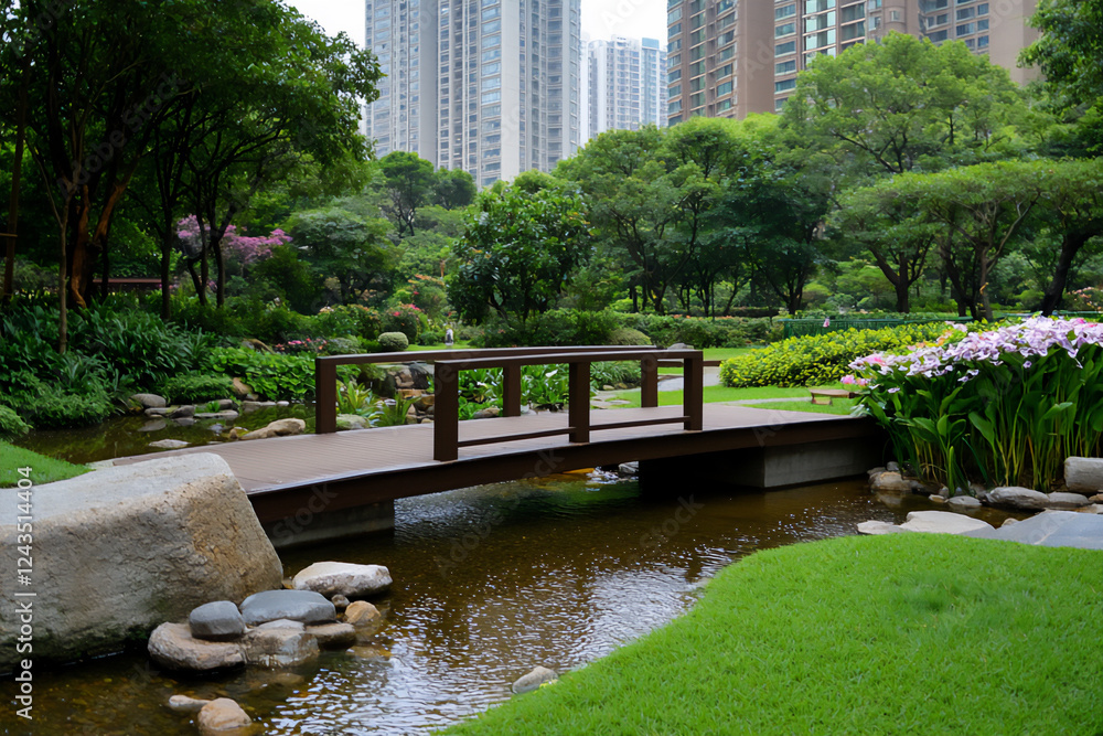 P A peaceful garden bridge over a stream with P A peaceful garden bridge over a stream with
