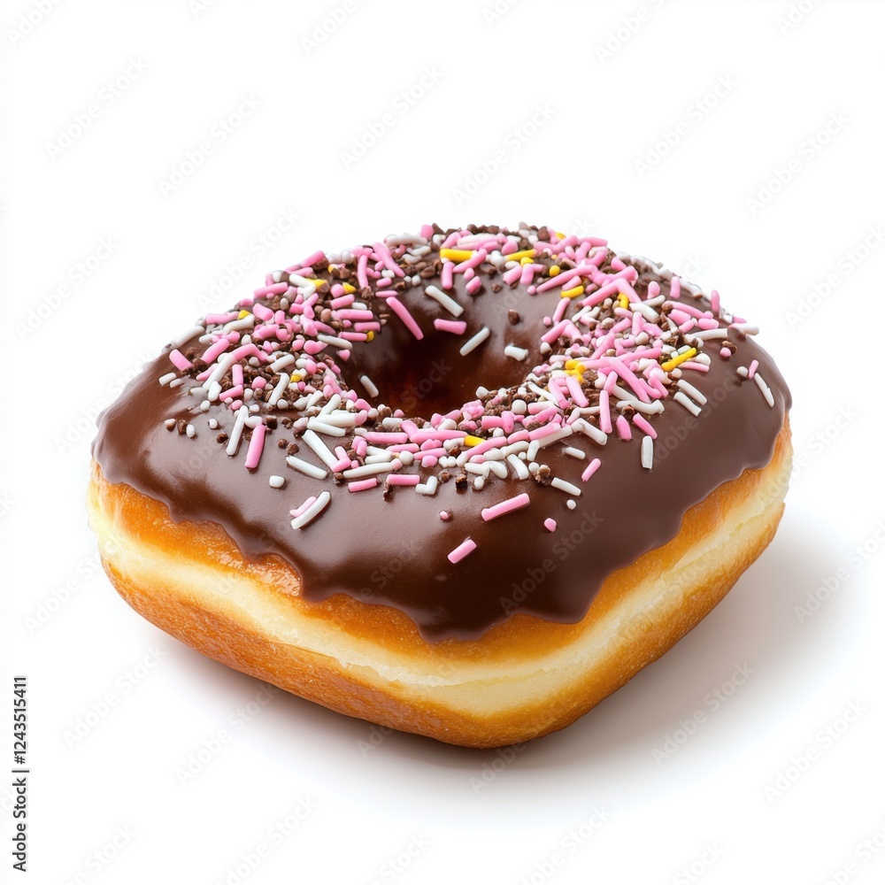Delicious Chocolate Donut with Colorful Sprinkles on a White Background for Culinary and Food Themes