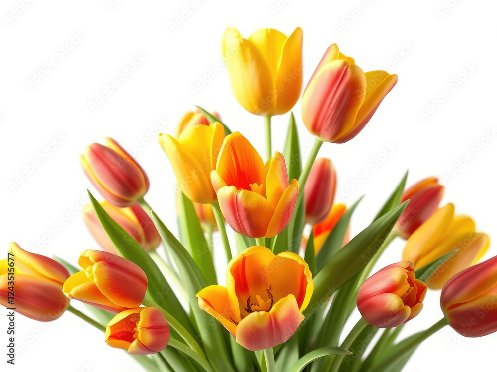 Vibrant yellow and red tulips arranged on a white background, colorful, celebration, garden, spring, bright