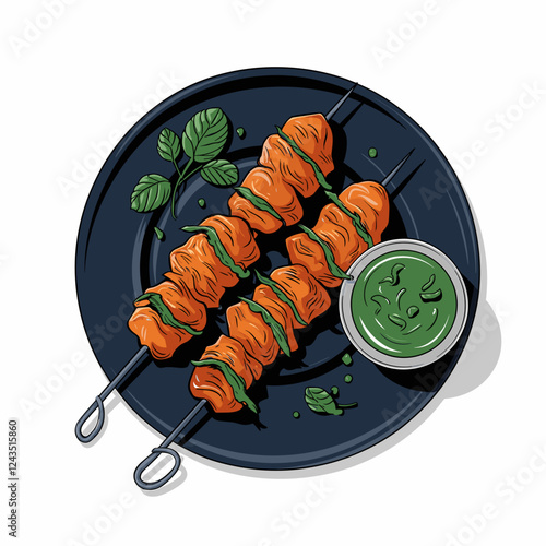 Tandoori Chicken Skewers with Green Chutney Illustration