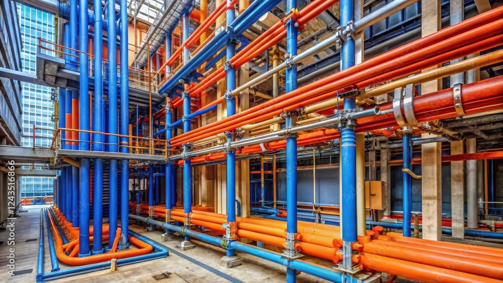 Building with blue and orange pipes, #constructionsite, #urbanlandscape Building with blue and orange pipes, #constructionsite, #urbanlandscape