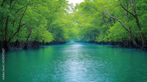 Lush mangrove canal waterway, tranquil tropical rain forest waterway