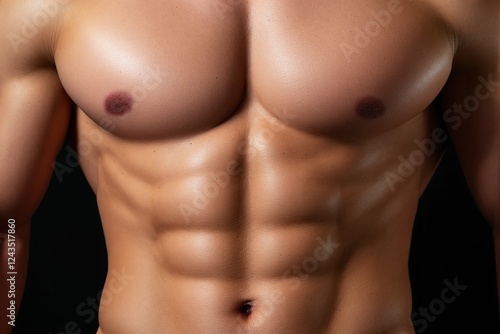 Close-up of a muscular male torso with defined abs and chest on a black background. photo