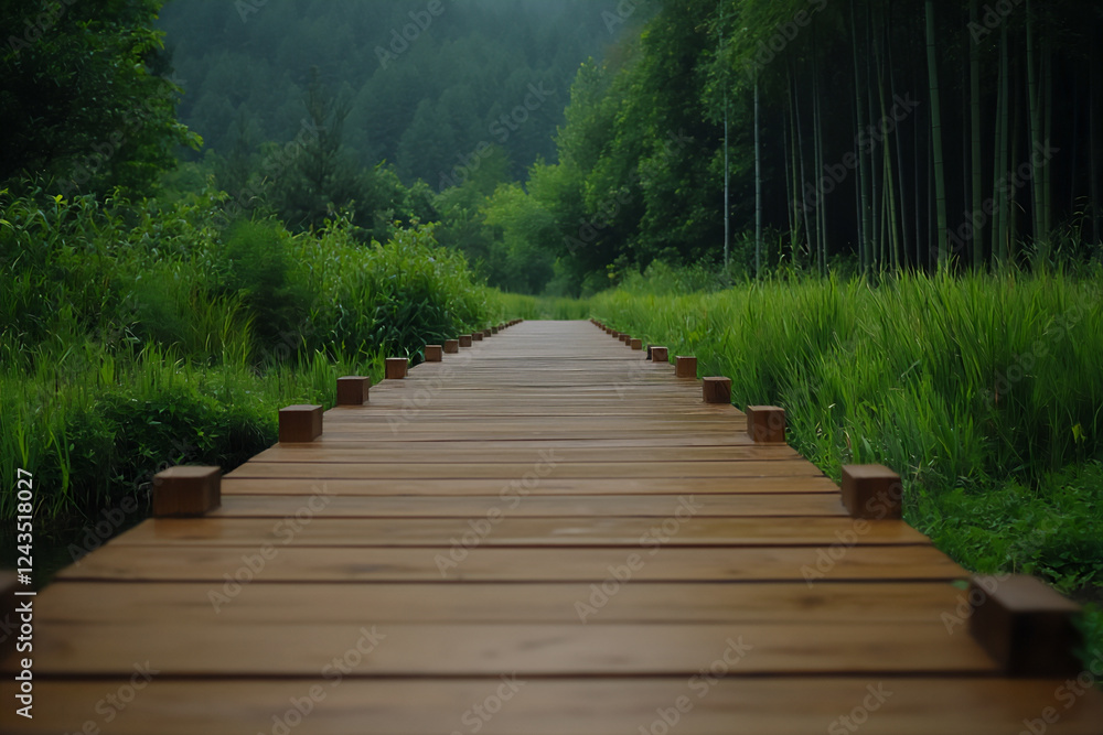 Fototapeta premium P A rustic scene of a wooden pathway through