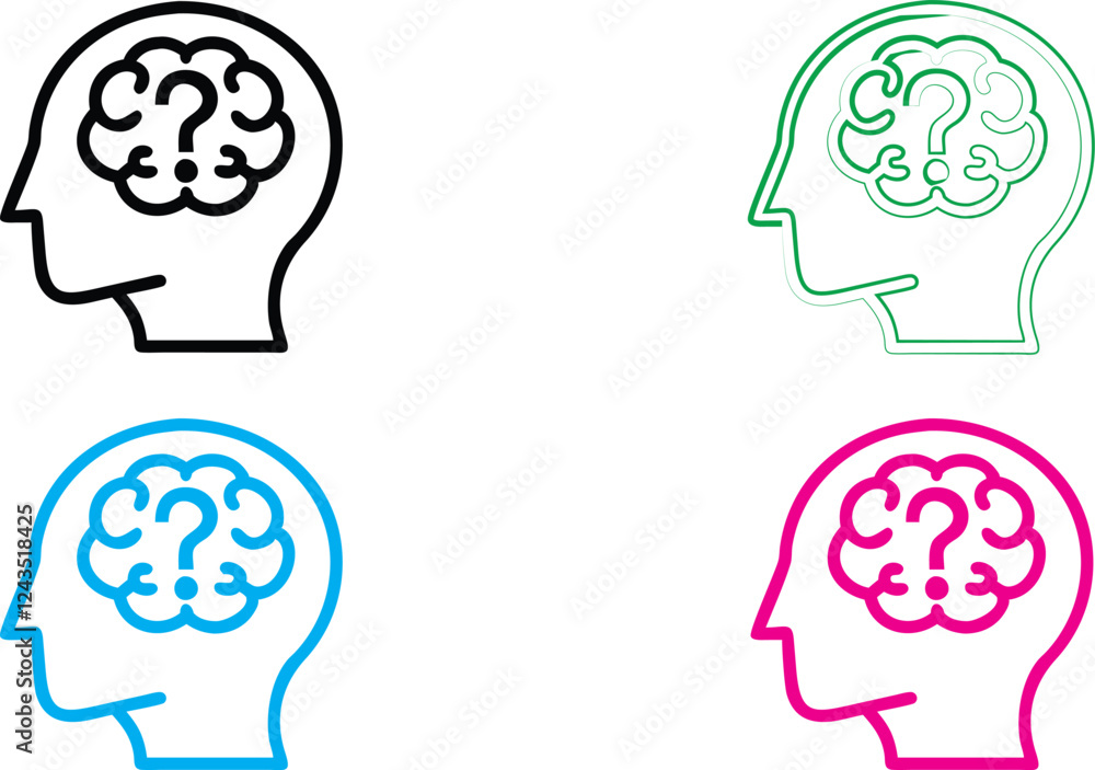 Minimalist line drawing, human head profiles, brain icons, colorful outlines, simplistic design, thinking concept, mental health illustration, cognitive symbols, four-color scheme, flat graphic style, Minimalist line drawing, human head profiles, brain icons, colorful outlines, simplistic design, thinking concept, mental health illustration, cognitive symbols, four-color scheme, flat graphic style,