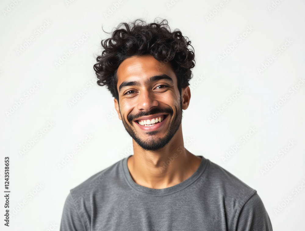 Smiling Man with Curly Dark Hair Wearing a Gray Sweater, Radiating a Friendly Expression A Smiling Man with Curly Dark Hair Wearing a Gray Sweater, Radiating a Friendly Expression A