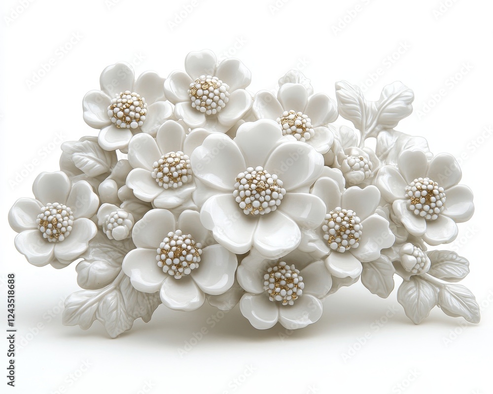 Elegant White Clay Floral Arrangement with Delicate Gold Accents, Isolated on White Background Elegant White Clay Floral Arrangement with Delicate Gold Accents, Isolated on White Background