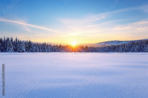 Scenic winter landscape with snowy field, sunrise over a forest horizon. photo