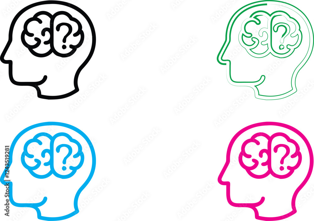 Minimalist line drawing, human head profiles, brain icons, colorful outlines, simplistic design, thinking concept, mental health illustration, cognitive symbols, four-color scheme, flat graphic style, Minimalist line drawing, human head profiles, brain icons, colorful outlines, simplistic design, thinking concept, mental health illustration, cognitive symbols, four-color scheme, flat graphic style,